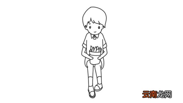 小男孩抱花盆简笔画