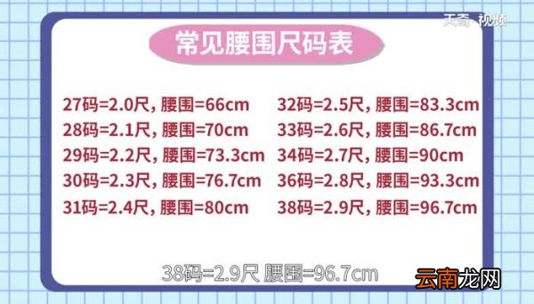 腰围尺码表 腰围换算