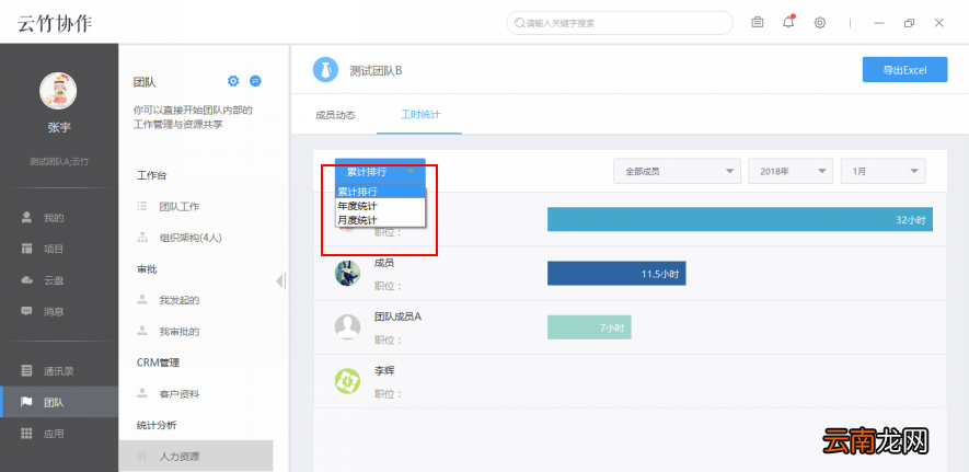 云竹协作中团队成员工时统计具体操作步骤
